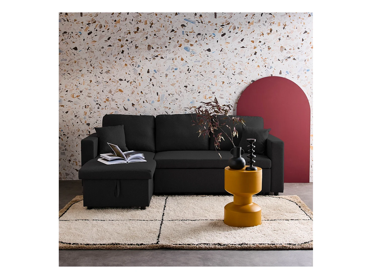 Canapé d'angle SMILE convertible réversible compact 3 places en tissu noir. L 213.5 x P 136.5 x H 83cm. avec coffre de rangement