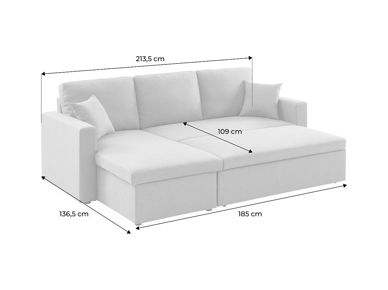 Canapé d'angle SMILE convertible réversible compact 3 places en tissu noir. L 213.5 x P 136.5 x H 83cm. avec coffre de rangement