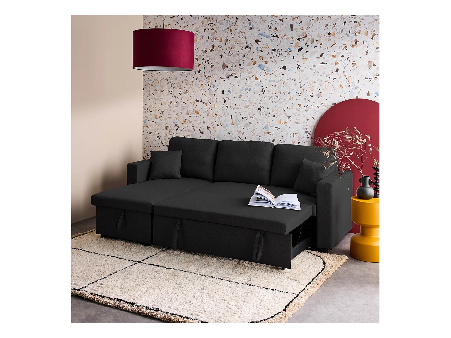 Canapé d'angle SMILE convertible réversible compact 3 places en tissu noir. L 213.5 x P 136.5 x H 83cm. avec coffre de rangement