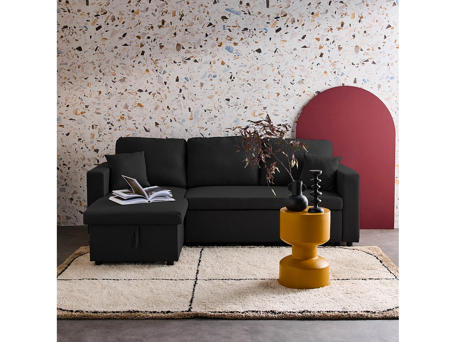 Divano letto compatto 3 posti in tessuto, nero