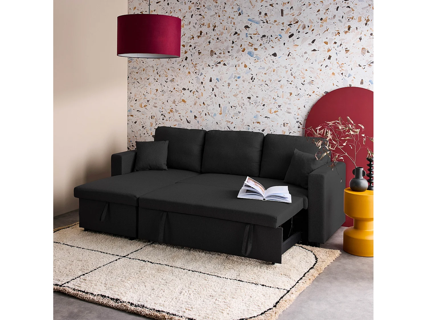 Divano letto compatto 3 posti in tessuto, nero