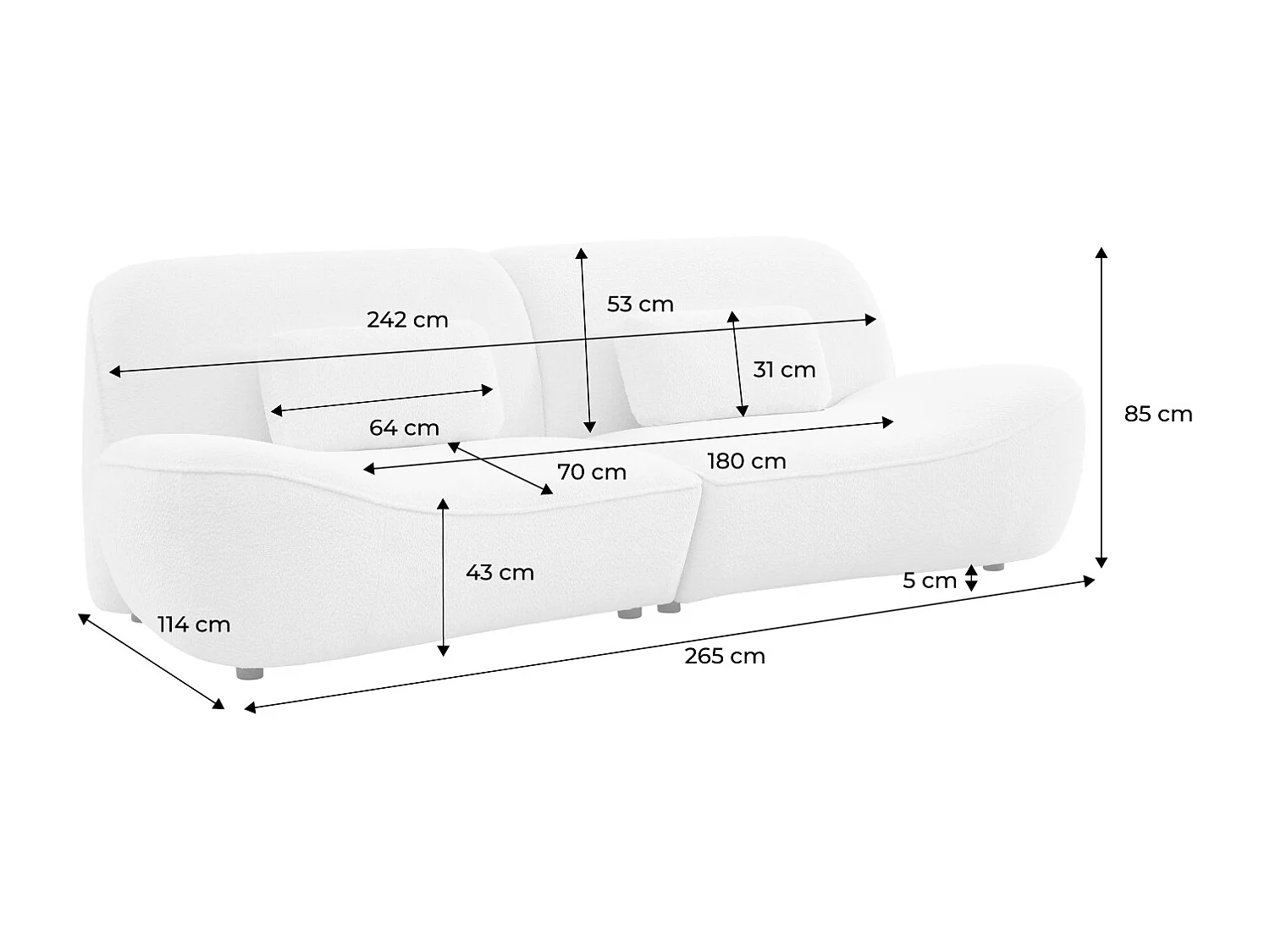 Canapé 3 places en bouclette blanche L 265 x P 114 x H 85cm - Nia