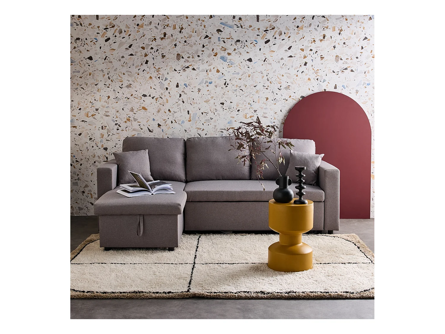 Canapé d'angle SMILE convertible réversible compact 3 places en tissu gris clair. L 213.5 x P 136.5 x H 83cm. avec coffre de rangement