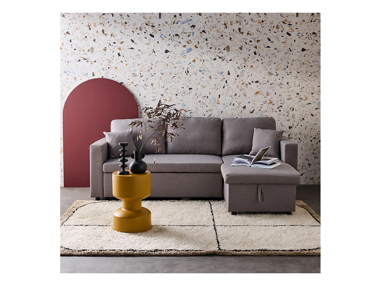 Canapé d'angle SMILE convertible réversible compact 3 places en tissu gris clair. L 213.5 x P 136.5 x H 83cm. avec coffre de rangement