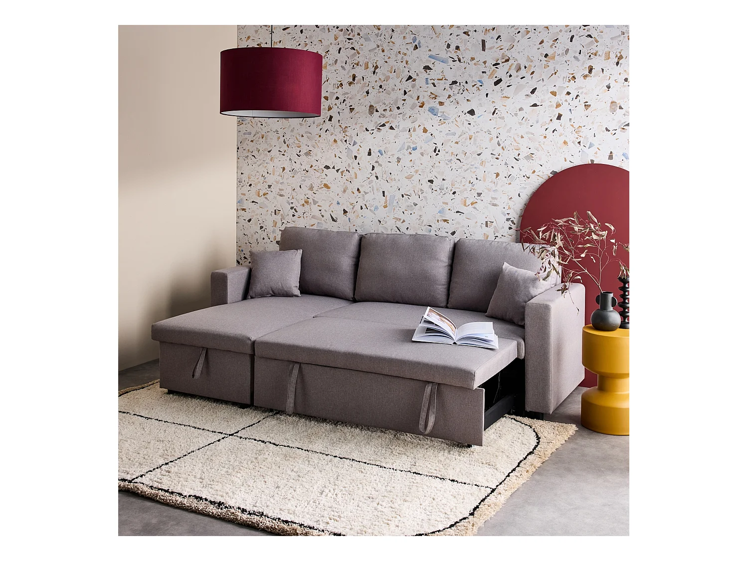 Canapé d'angle SMILE convertible réversible compact 3 places en tissu gris clair. L 213.5 x P 136.5 x H 83cm. avec coffre de rangement