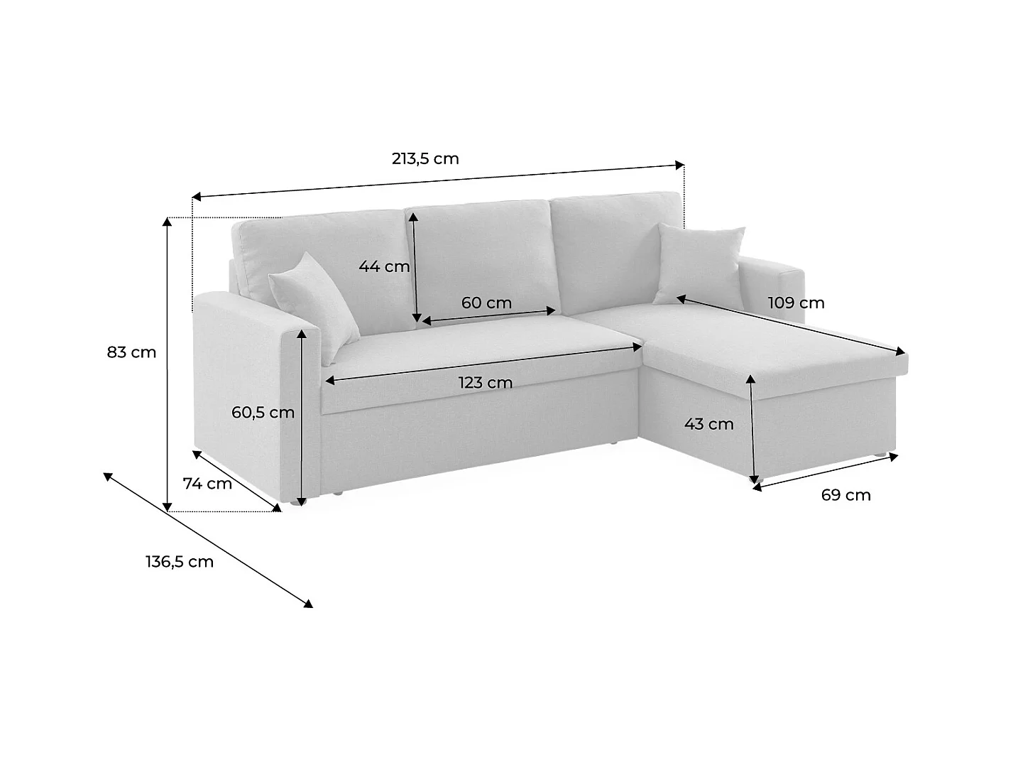 Canapé d'angle SMILE convertible réversible compact 3 places en tissu gris clair. L 213.5 x P 136.5 x H 83cm. avec coffre de rangement