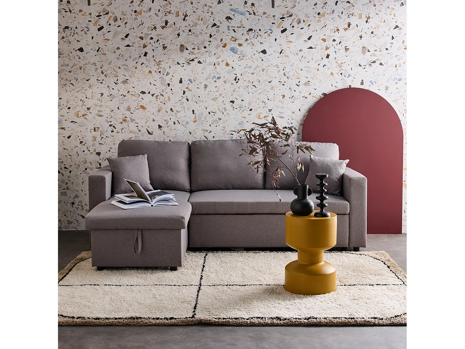 Divano letto compatto 3 posti in tessuto, grigio chiaro