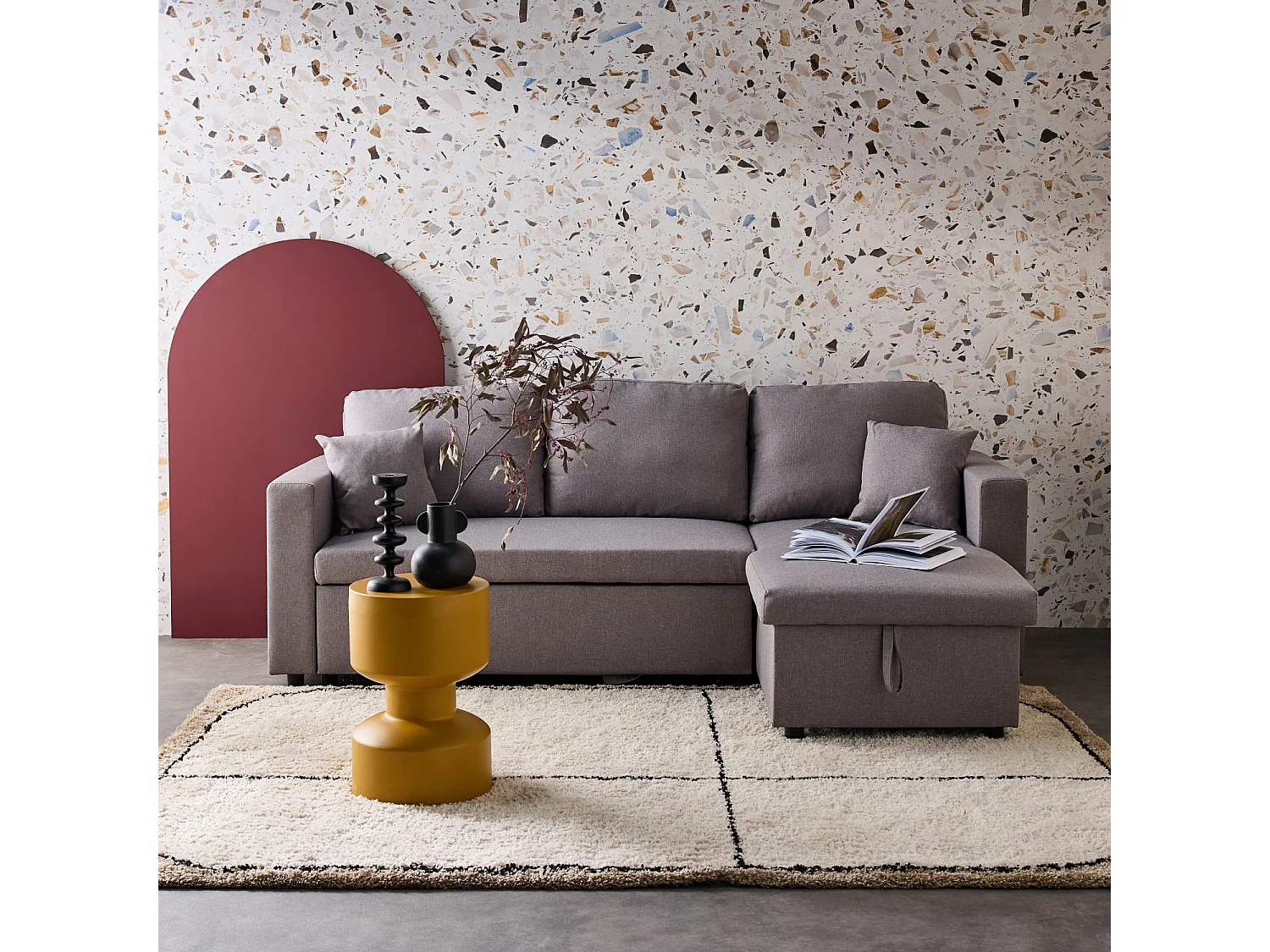 Divano letto compatto 3 posti in tessuto, grigio chiaro