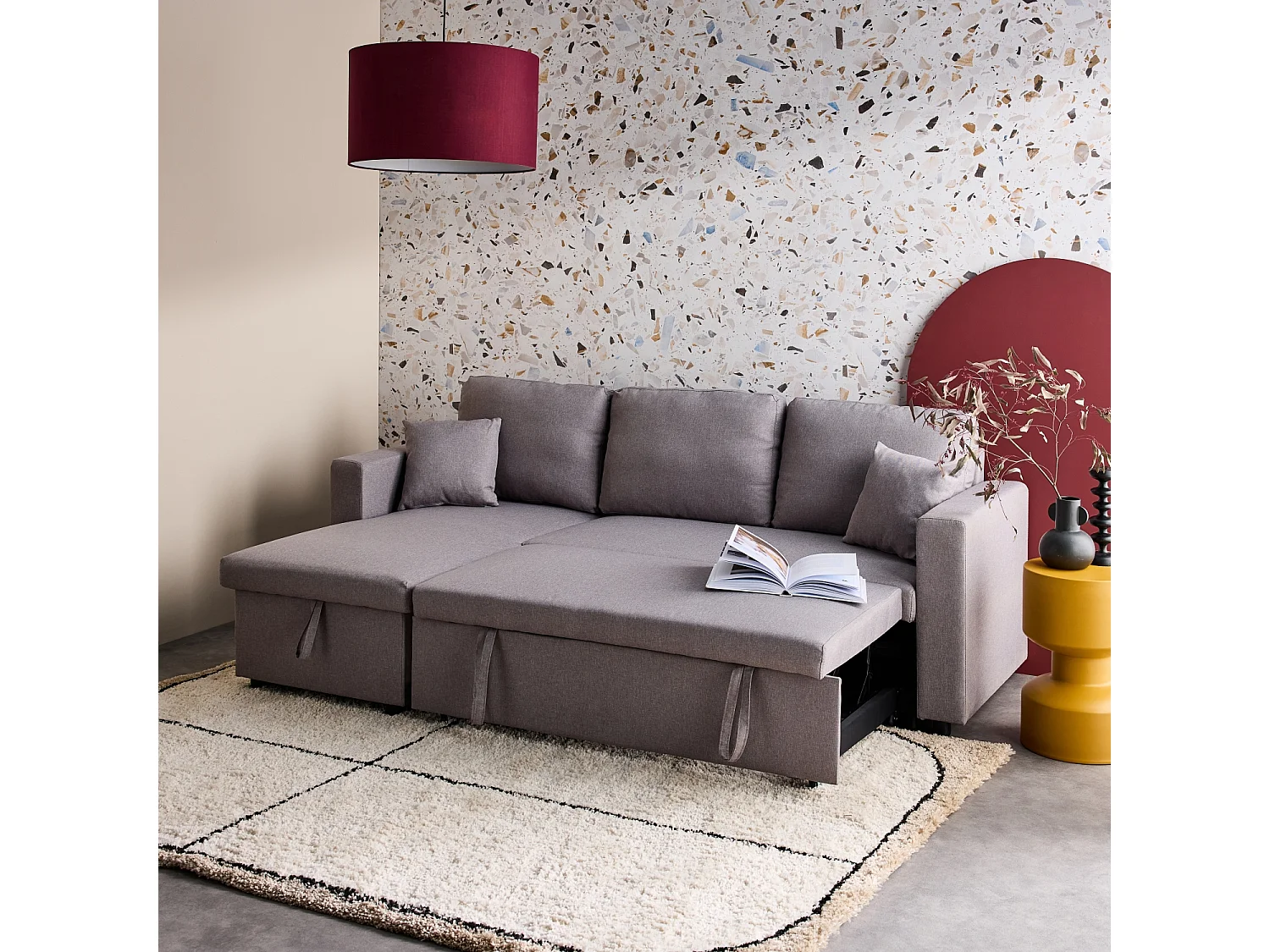 Divano letto compatto in tessuto, 3 posti, grigio chiaro