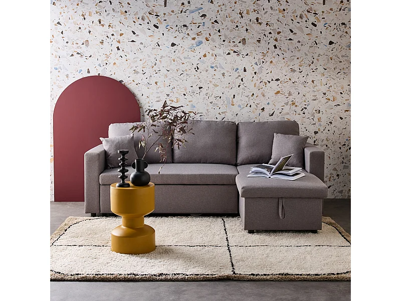 Canapé d'angle SMILE convertible réversible compact 3 places en tissu gris clair. L 213.5 x P 136.5 x H 83cm. avec coffre de rangement