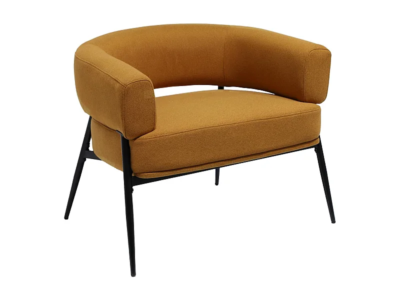 Sillón de tela con respaldo curvo y patas de metal mostaza