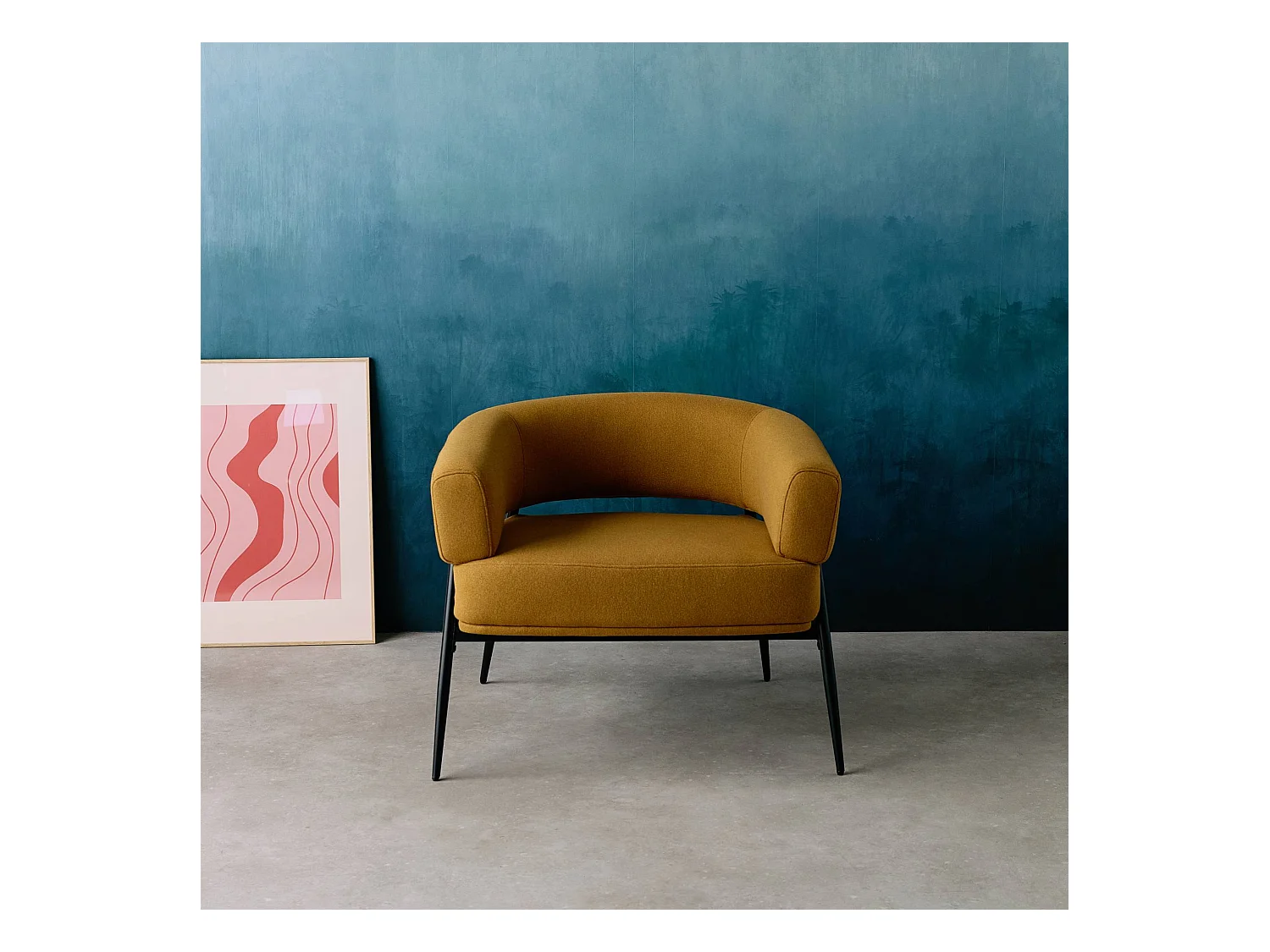 Fauteuil tissu moutarde dossier incurvé piétement métal L 81.5 x P 72.5 x H 69 cm - Cristo