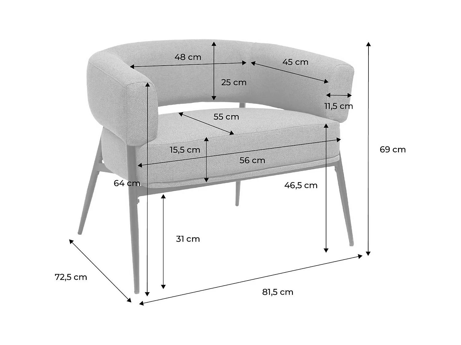 Fauteuil tissu moutarde dossier incurvé piétement métal L 81.5 x P 72.5 x H 69 cm - Cristo