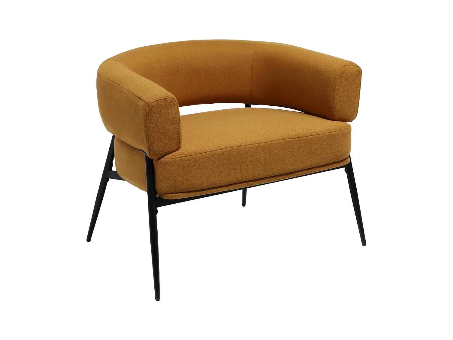 Sillón de tela con respaldo curvo y patas de metal mostaza