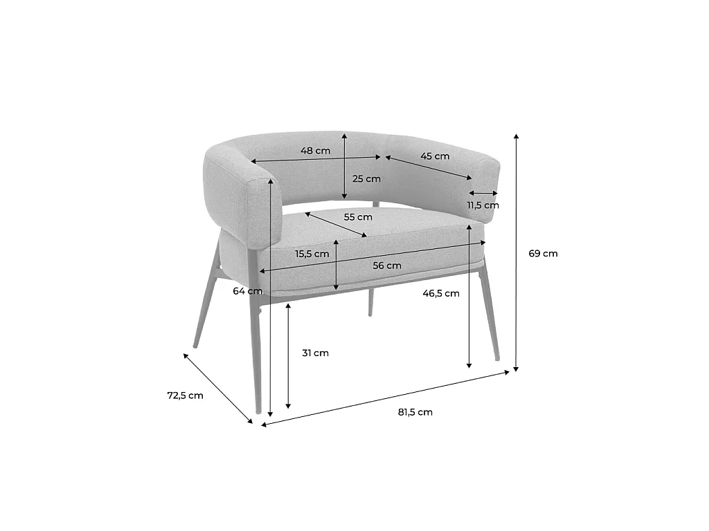 Fauteuil tissu moutarde dossier incurvé piétement métal L 81.5 x P 72.5 x H 69 cm - Cristo