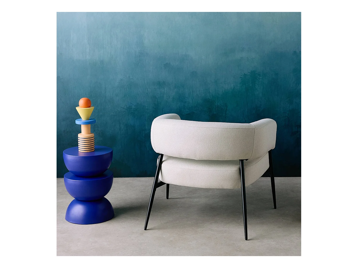 Fauteuil tissu blanc dossier incurvé piétement métal L 81.5 x P 72.5 x H 69 cm - Cristo