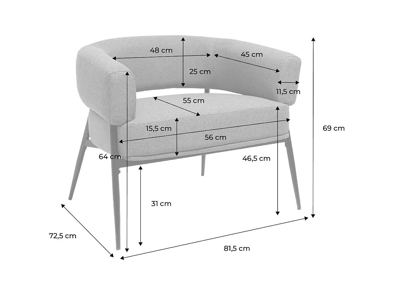 Fauteuil tissu blanc dossier incurvé piétement métal L 81.5 x P 72.5 x H 69 cm - Cristo