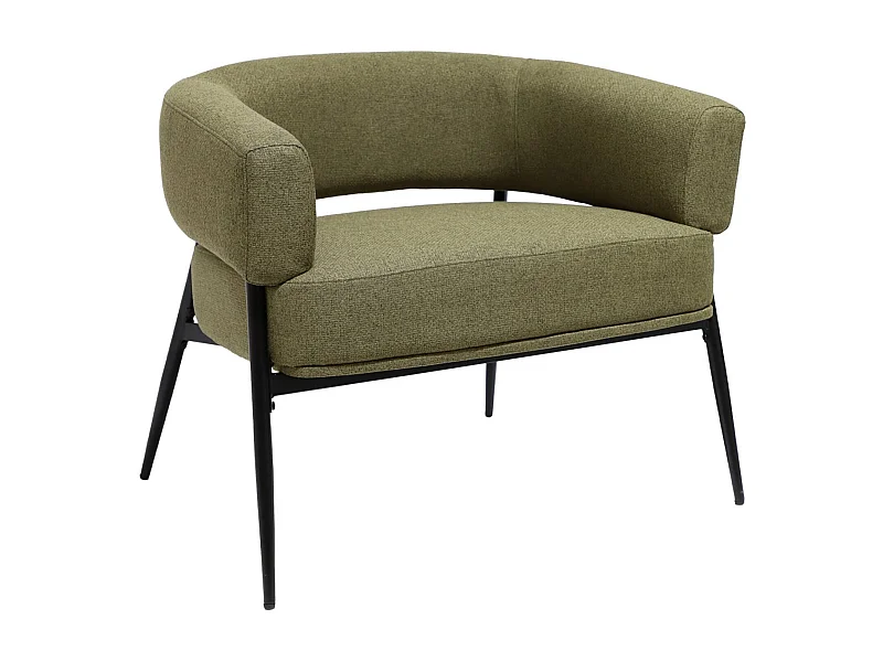 Sillón de tela con respaldo curvo y patas de metal verde kaki