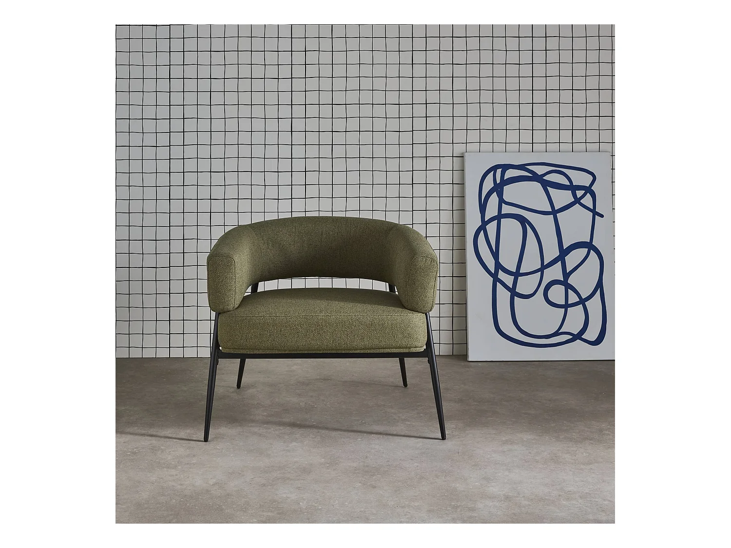 Fauteuil tissu kaki dossier incurvé piétement métal L 81.5 x P 72.5 x H 69 cm - Cristo