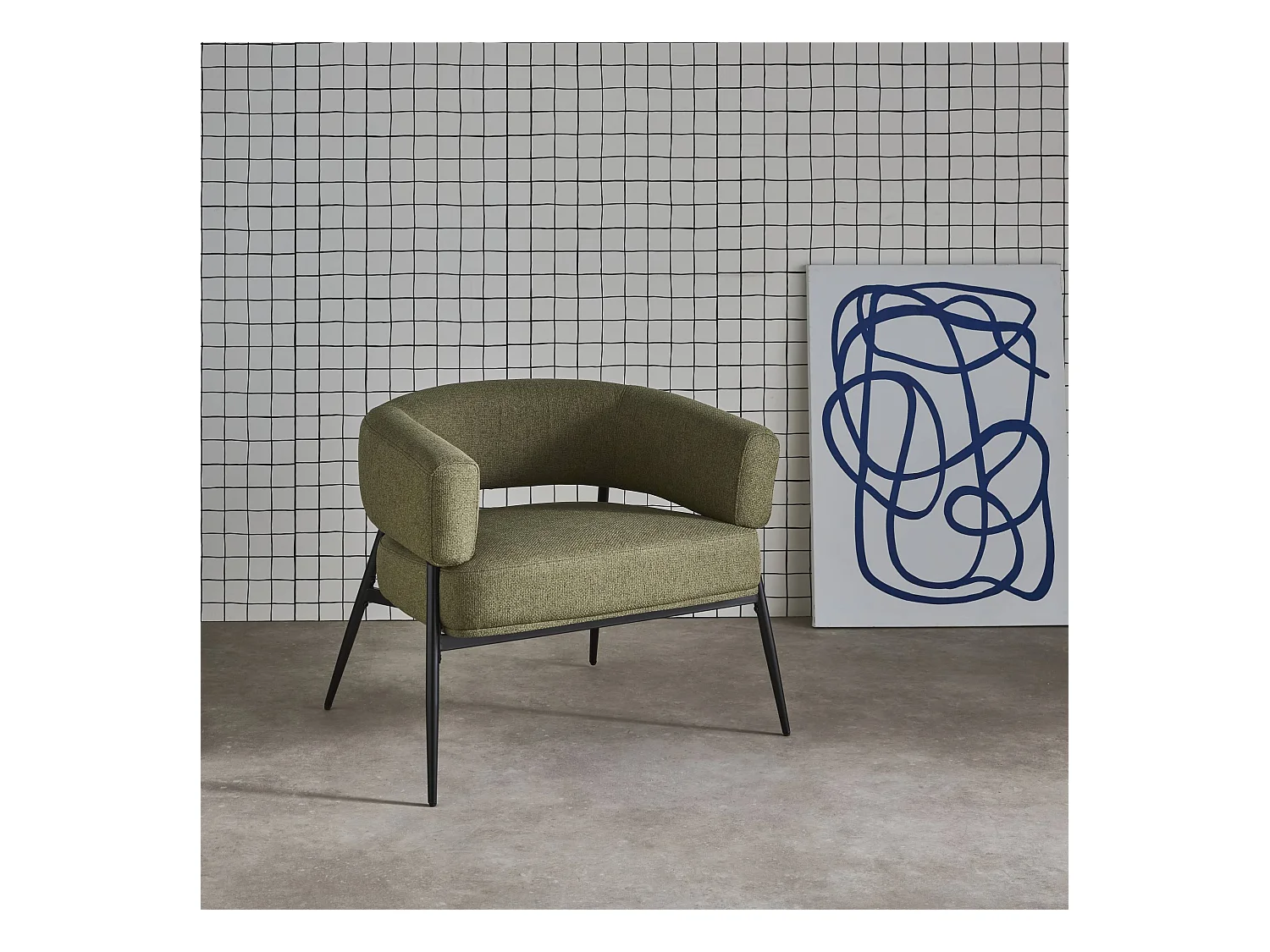 Fauteuil tissu kaki dossier incurvé piétement métal L 81.5 x P 72.5 x H 69 cm - Cristo