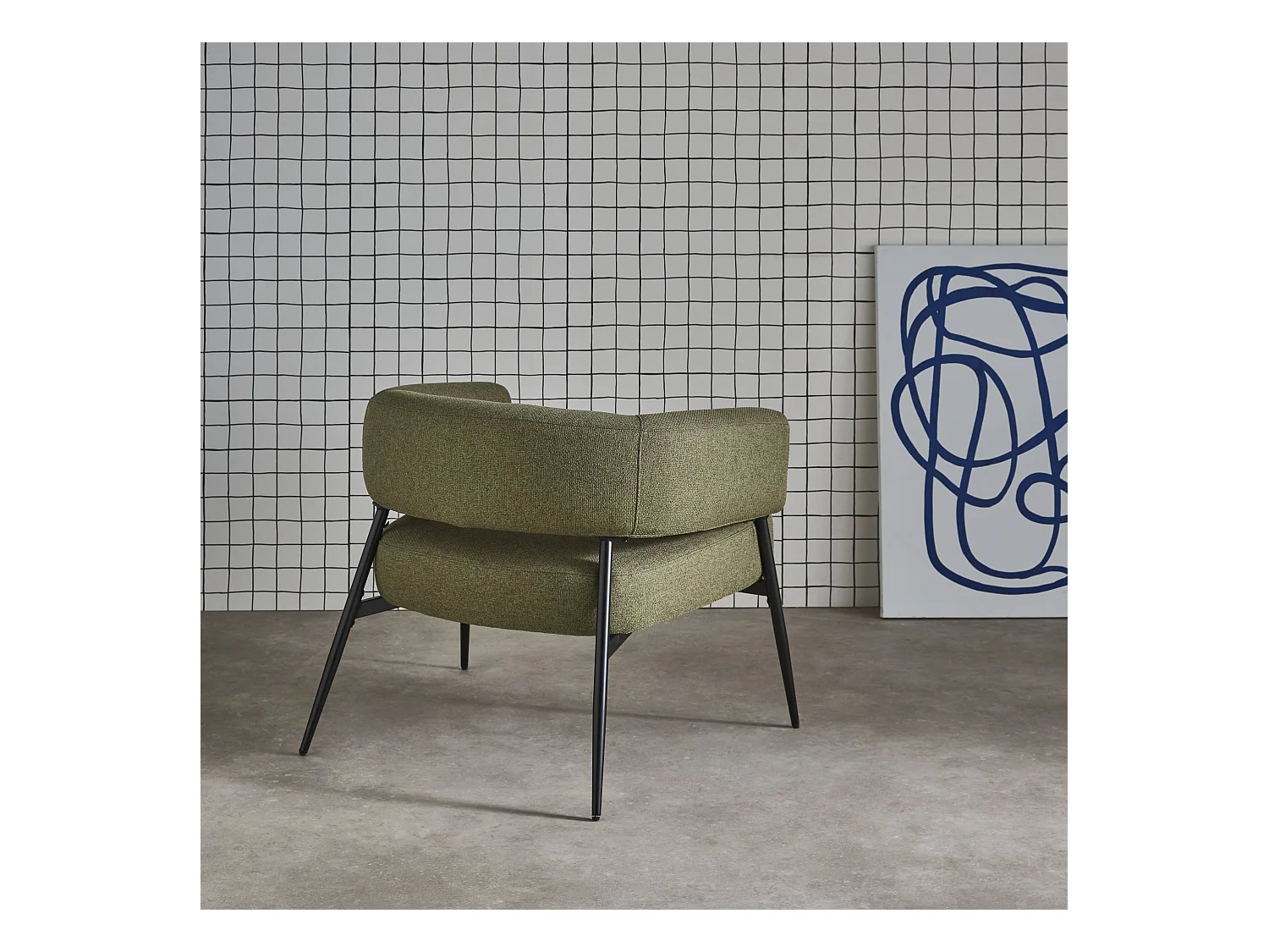 Fauteuil tissu kaki dossier incurvé piétement métal L 81.5 x P 72.5 x H 69 cm - Cristo