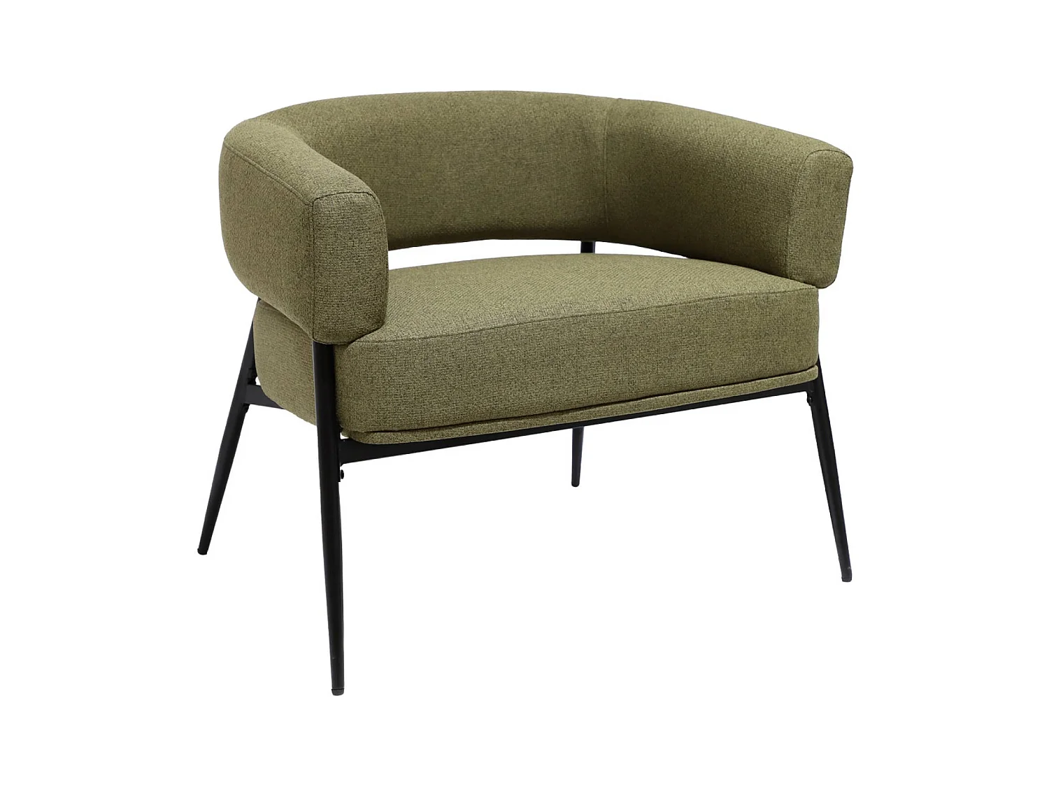 Sillón de tela con respaldo curvo y patas de metal verde kaki