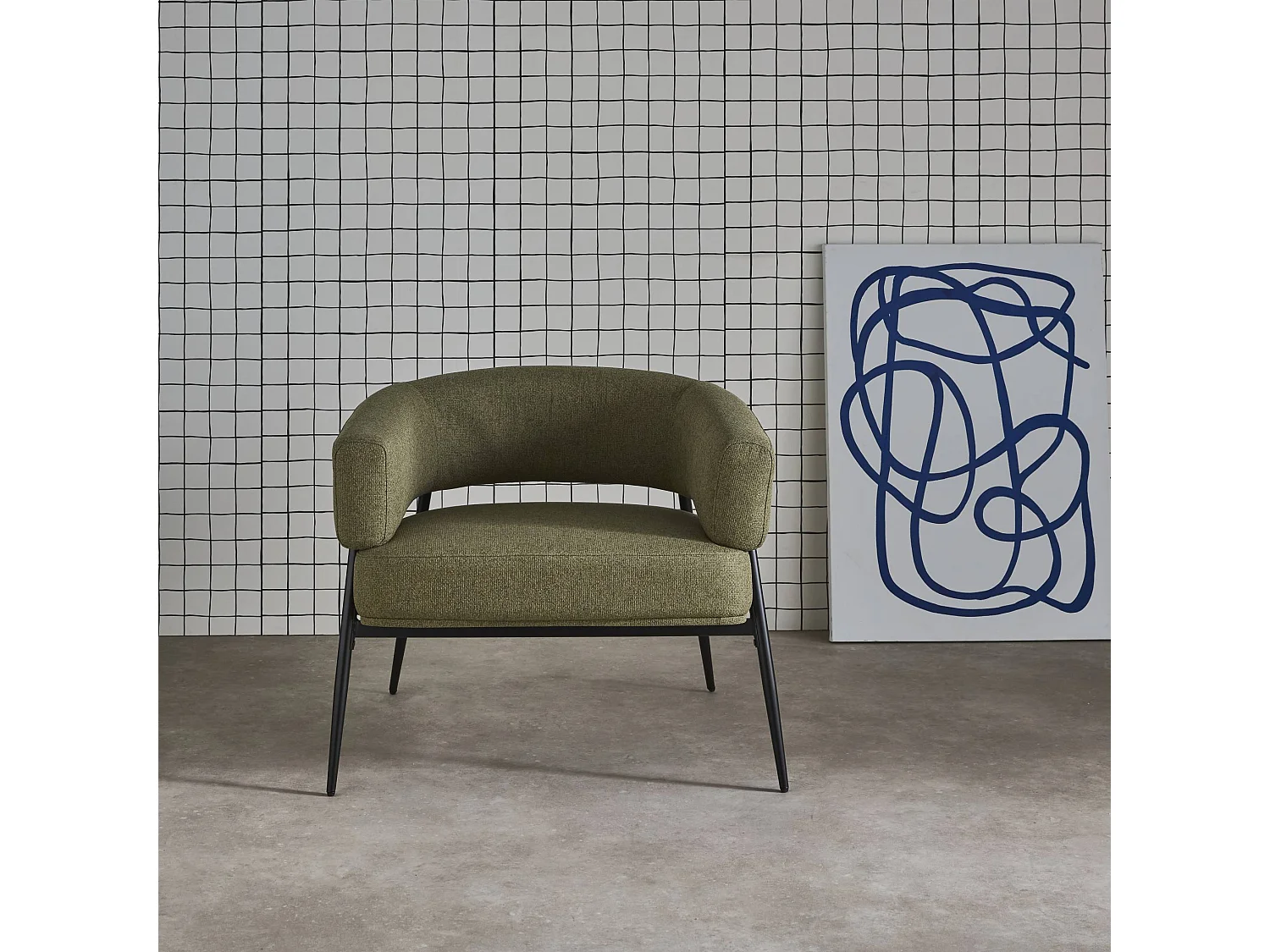 Fauteuil tissu kaki dossier incurvé piétement métal L 81.5 x P 72.5 x H 69 cm - Cristo