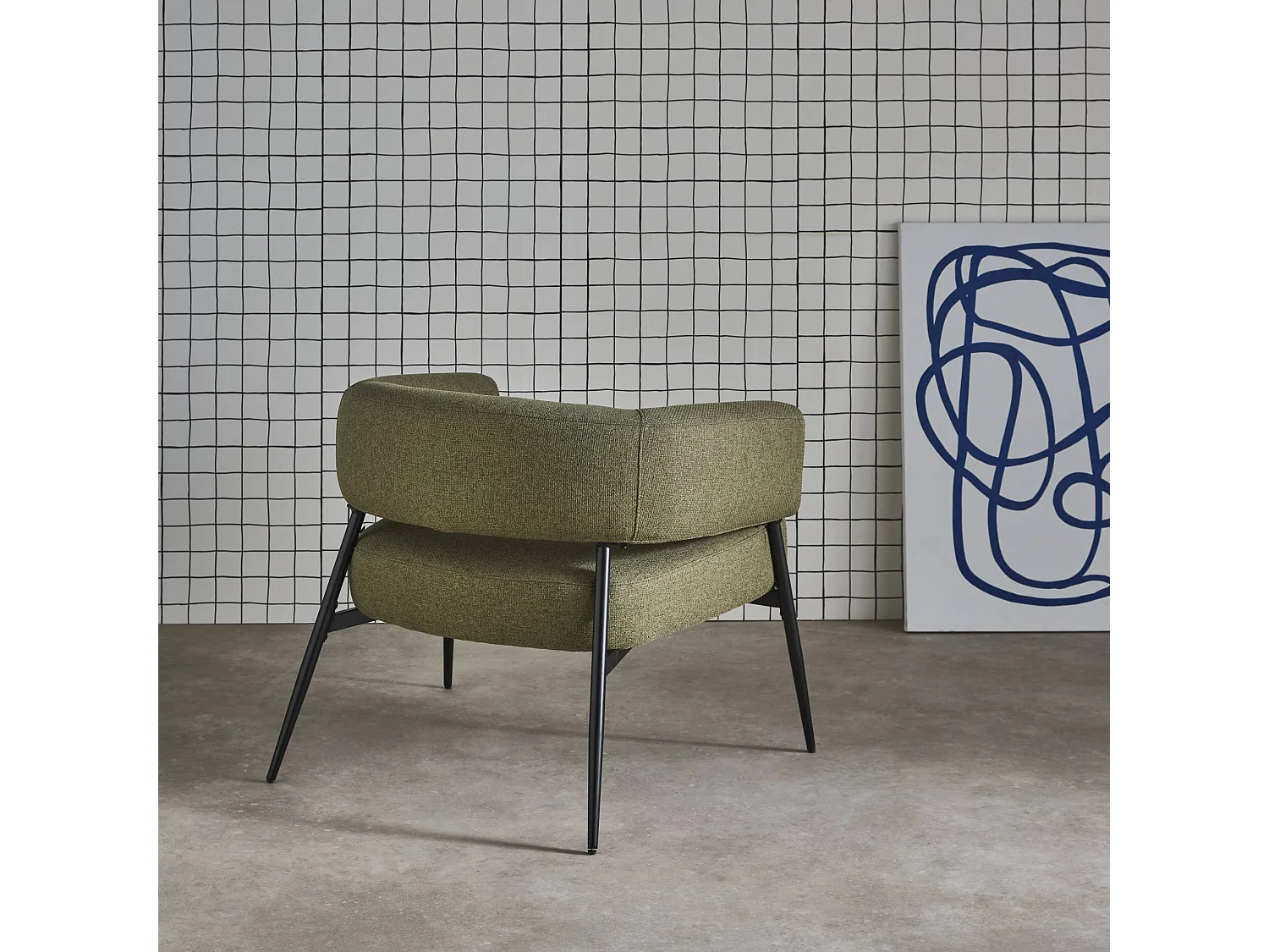 Fauteuil tissu kaki dossier incurvé piétement métal L 81.5 x P 72.5 x H 69 cm - Cristo