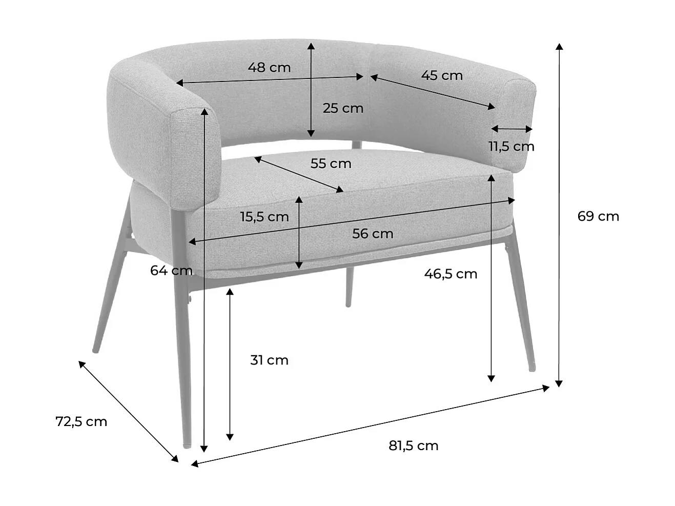 Fauteuil tissu kaki dossier incurvé piétement métal L 81.5 x P 72.5 x H 69 cm - Cristo