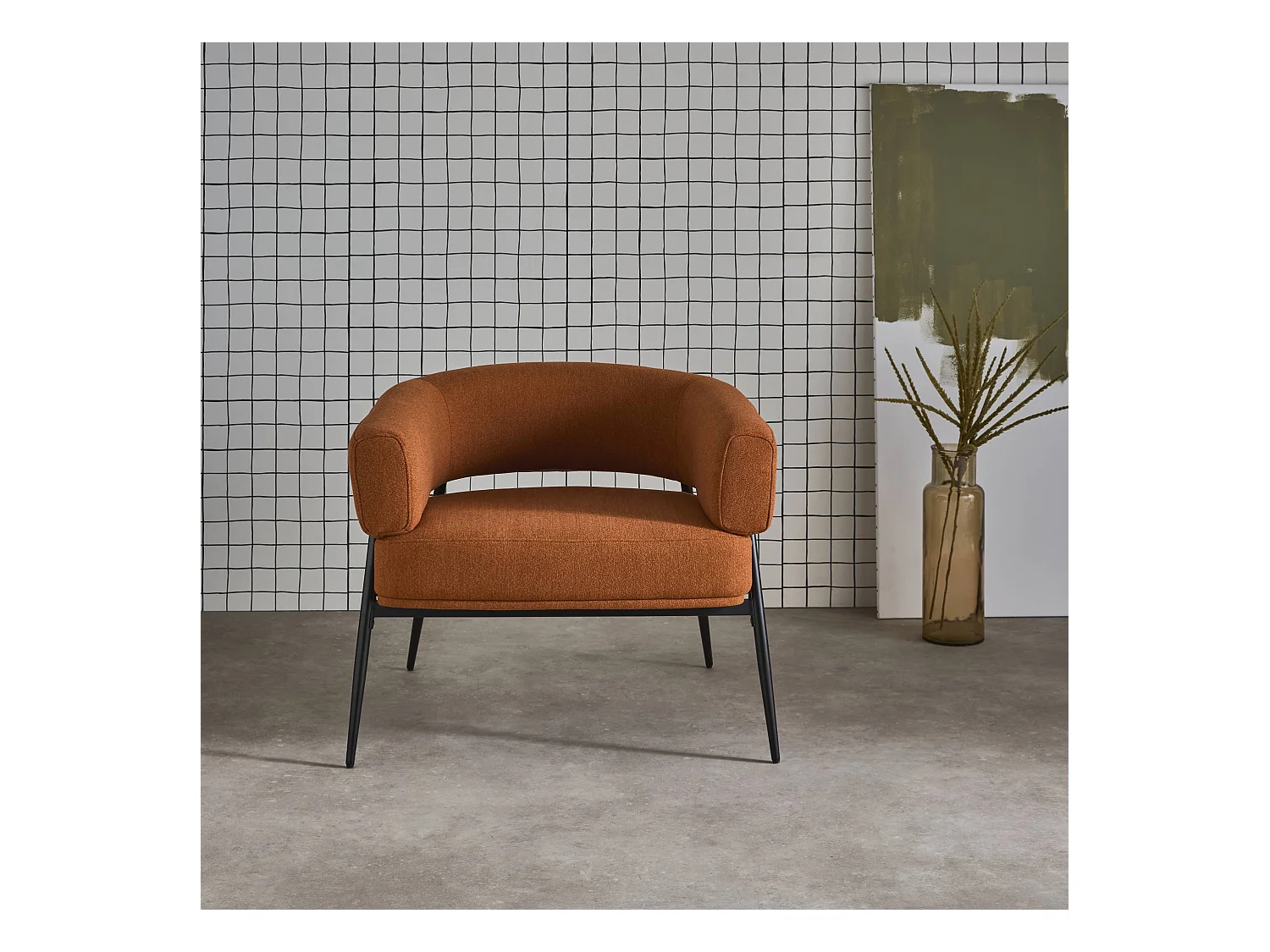 Fauteuil tissu terracotta dossier incurvé piétement métal L 81.5 x P 72.5 x H 69 cm - Cristo