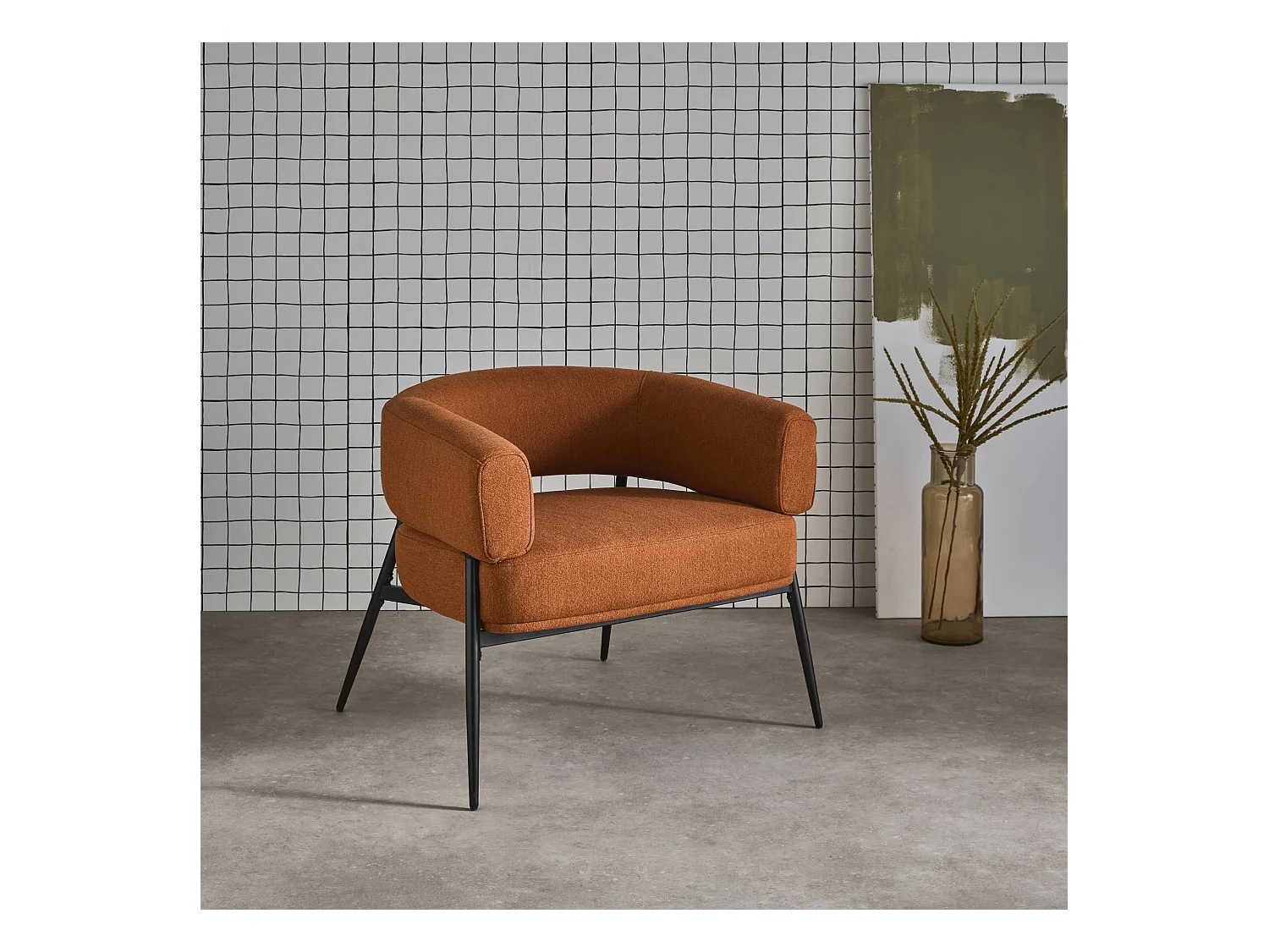 Fauteuil tissu terracotta dossier incurvé piétement métal L 81.5 x P 72.5 x H 69 cm - Cristo