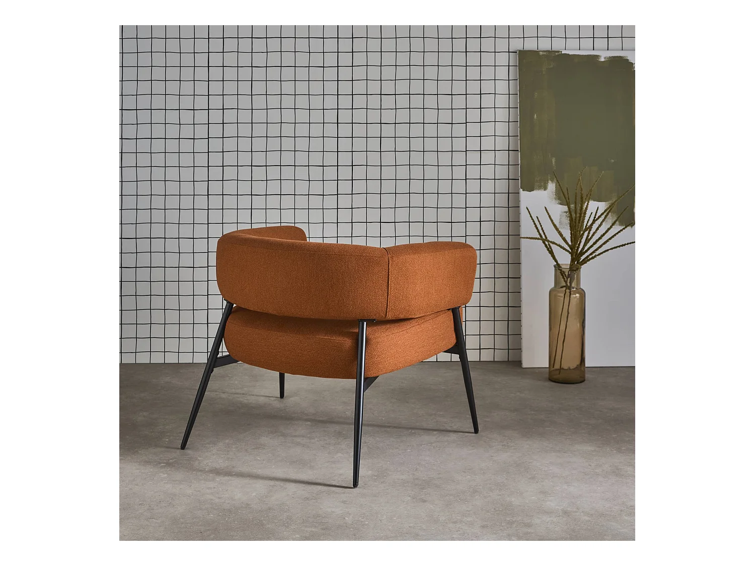 Fauteuil tissu terracotta dossier incurvé piétement métal L 81.5 x P 72.5 x H 69 cm - Cristo