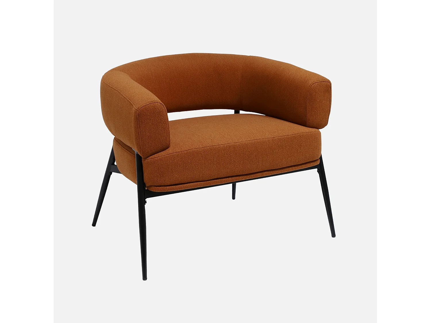 Sillón de tela con respaldo curvo y patas de metal terracotta