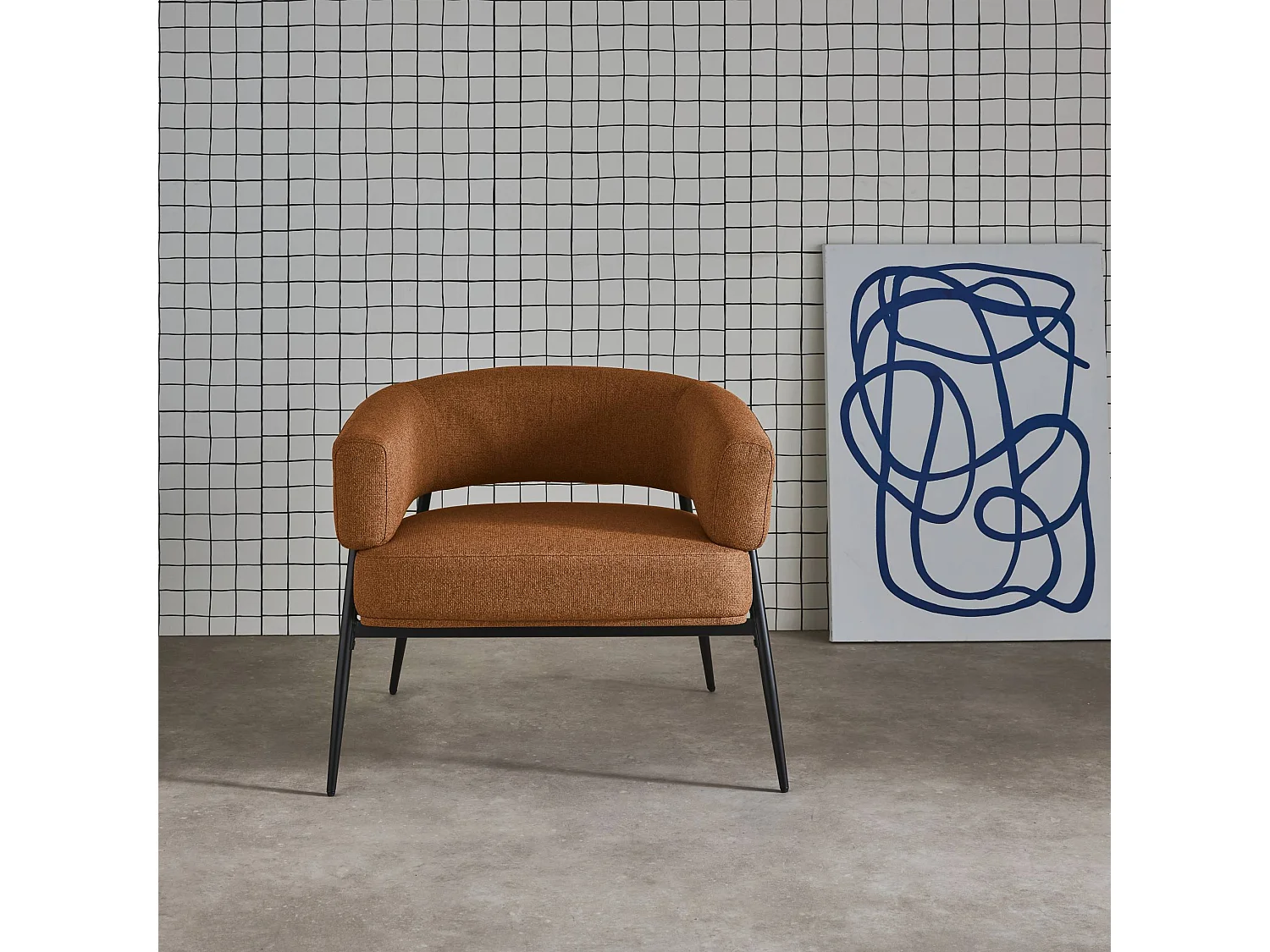 Fauteuil tissu terracotta dossier incurvé piétement métal L 81.5 x P 72.5 x H 69 cm - Cristo