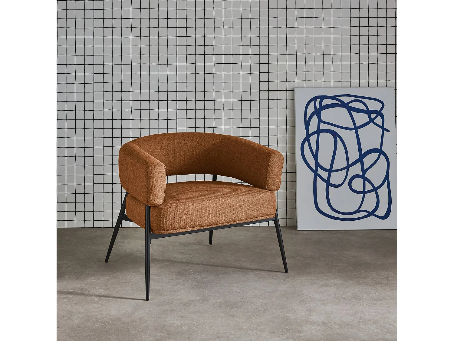 Fauteuil tissu terracotta dossier incurvé piétement métal L 81.5 x P 72.5 x H 69 cm - Cristo