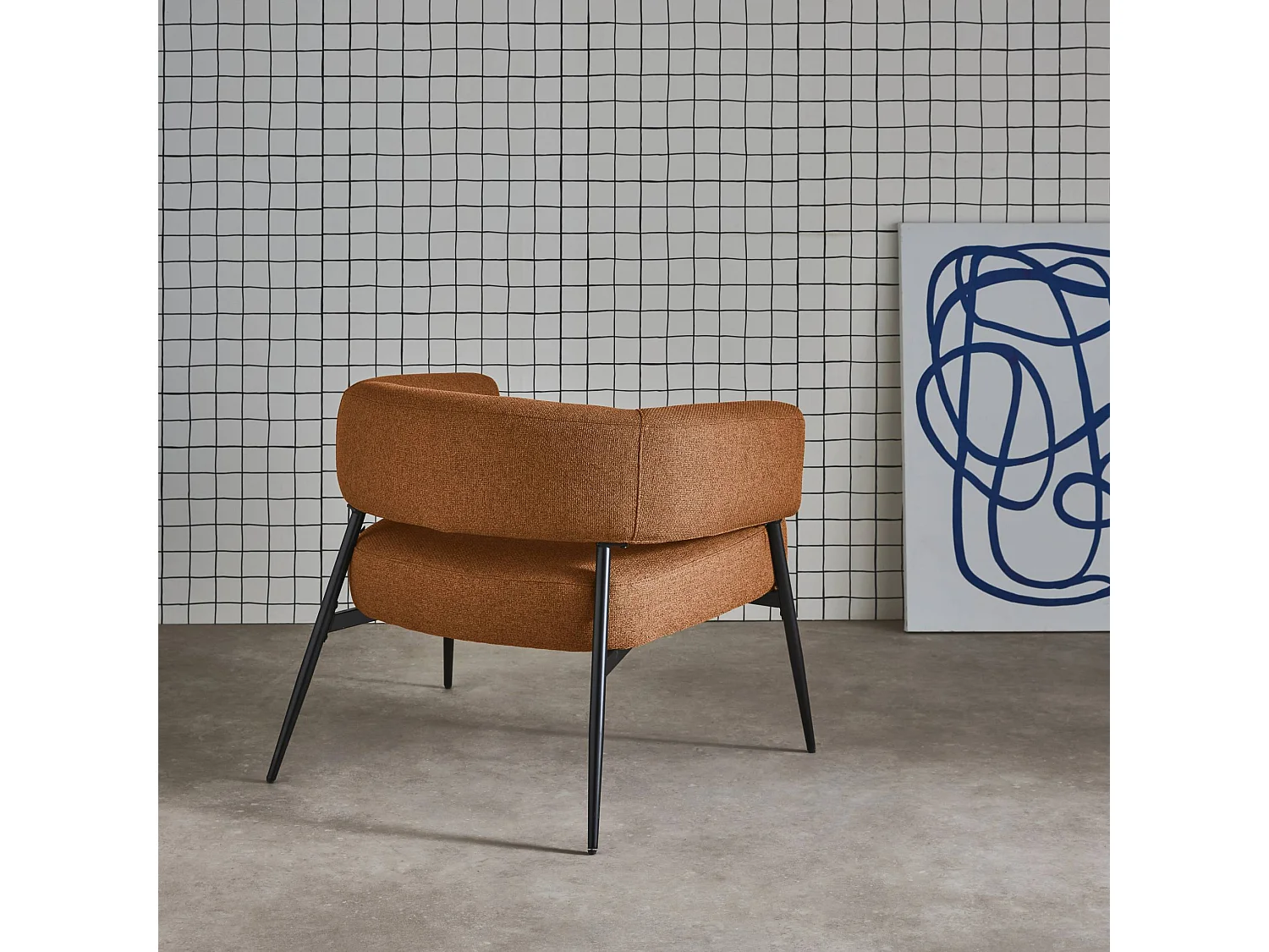 Fauteuil tissu terracotta dossier incurvé piétement métal L 81.5 x P 72.5 x H 69 cm - Cristo