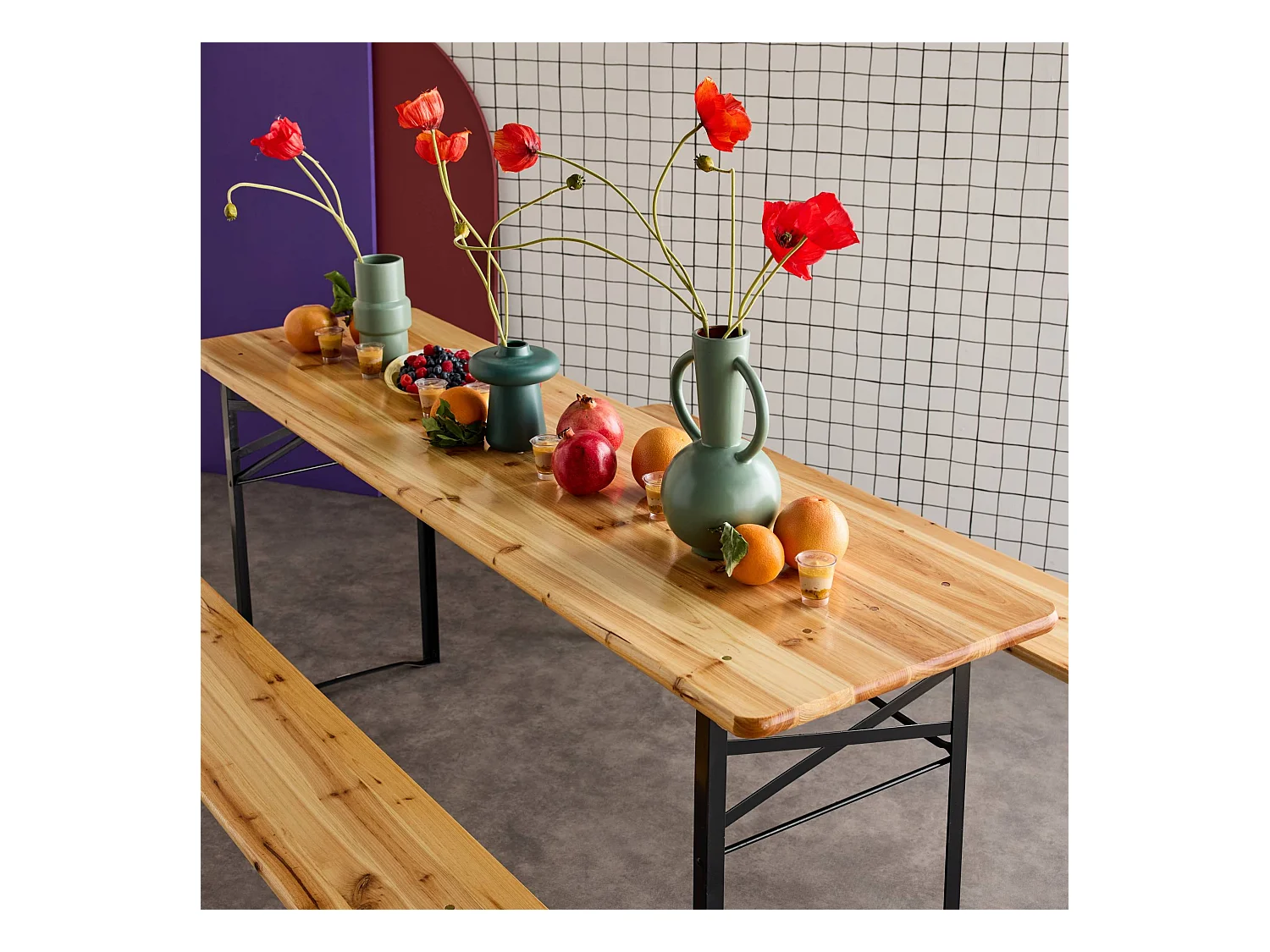 Set di 2 tavoli da ricevimento pieghevoli in legno di abete 2 panche,