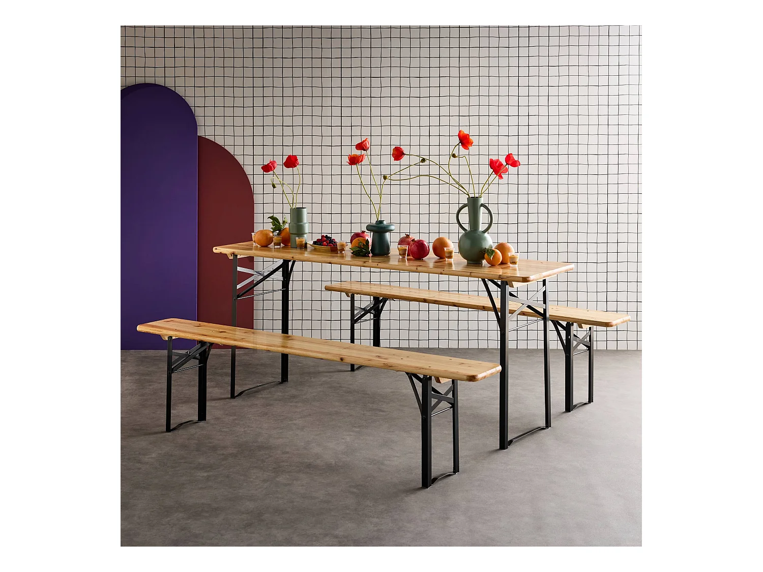 Set di 2 tavoli da ricevimento pieghevoli in legno di abete 2 panche,