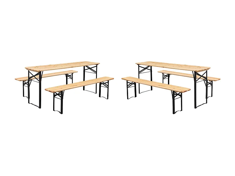 Lot de 2 tables de réception pliantes bois de sapin 2 bancs naturel Bayonne esprit brasserie 12 places