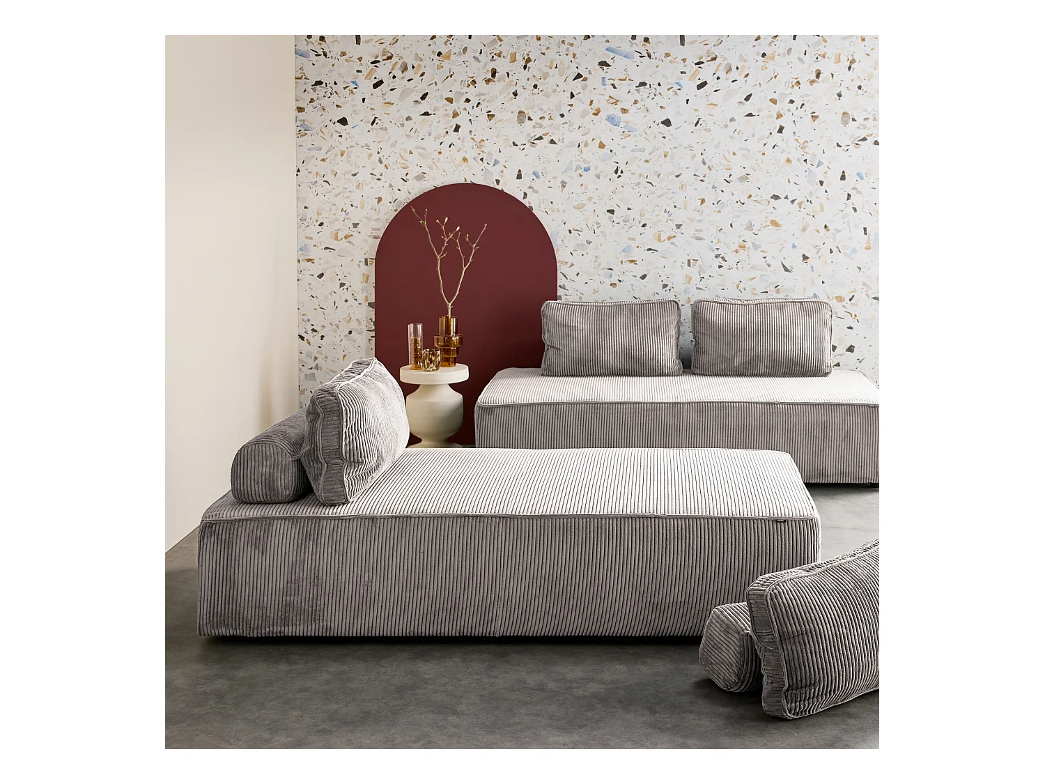 Divano modulare velluto, 4 posti, grigio chiaro