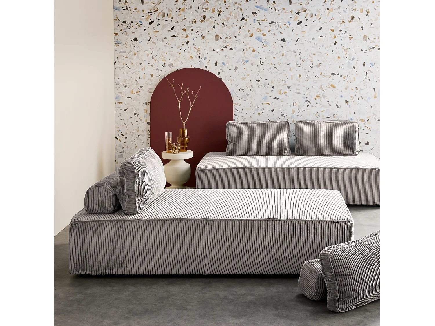 Sofá modular de pana, 4 plazas gris claro