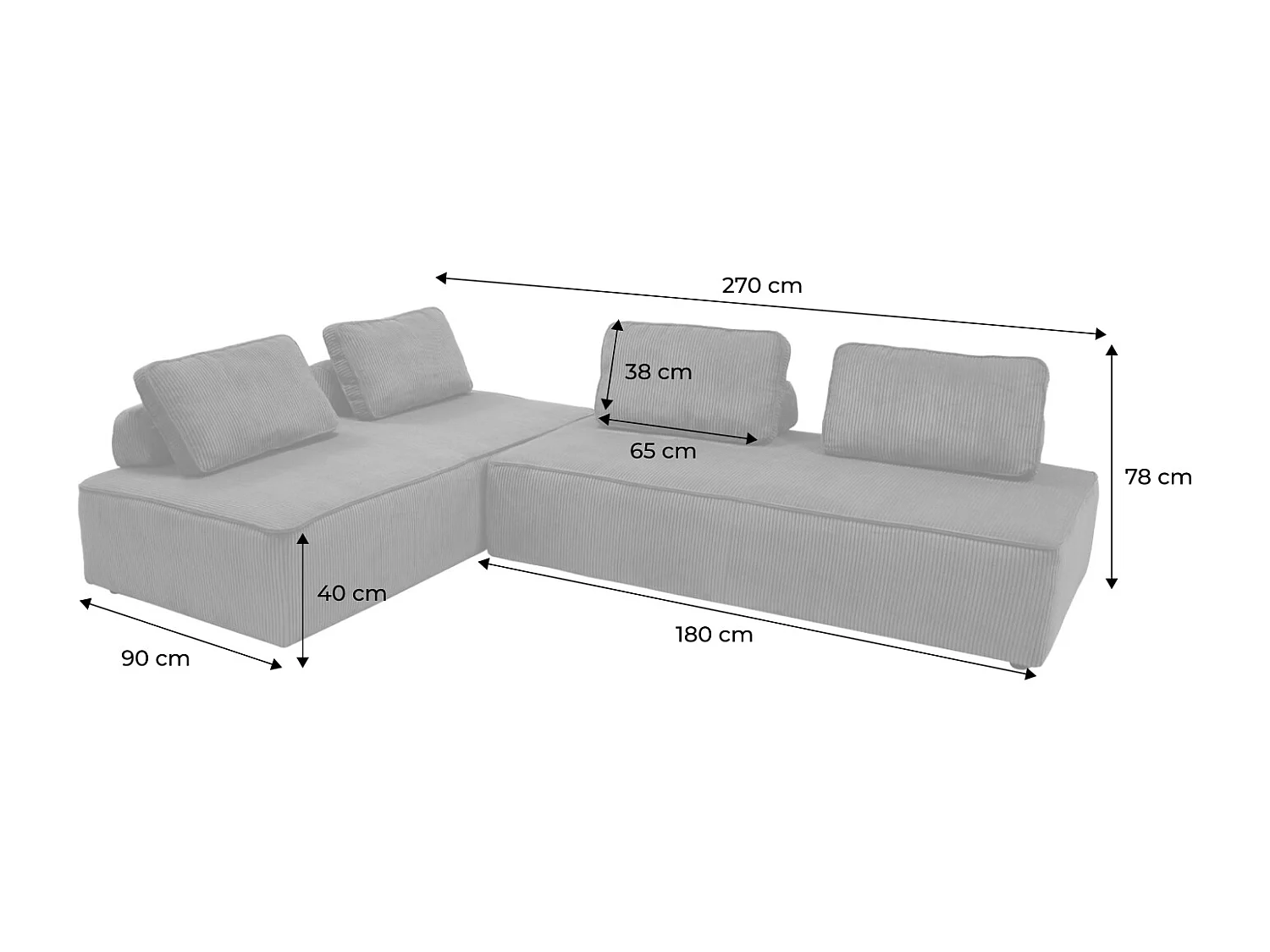Sofá modular de pana, 4 plazas gris claro