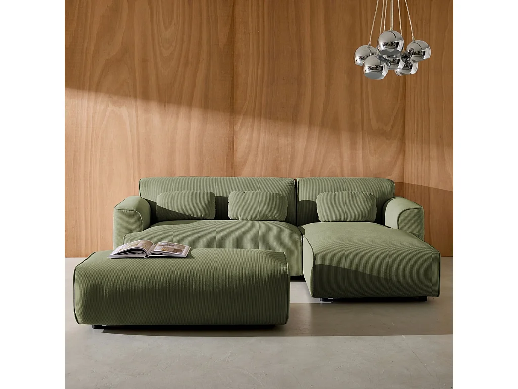 Pouf. module pour canapé. repose-pieds pour canapé d'angle 2 places en velours côtelé vert. L 123 x P 60 x H 41cm - Wallas