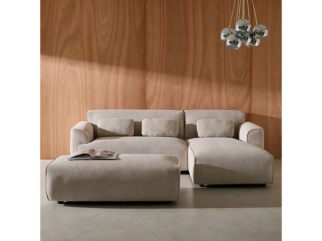 Pouf. module pour canapé. repose-pieds pour canapé d'angle 2 places en velours côtelé greige. L 123 x P 60 x H 41cm - Wallas