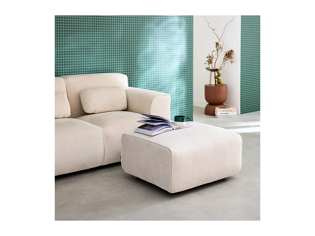 Pouf, poggiapiedi per divano wallas velluto a coste, 2 posti, crema