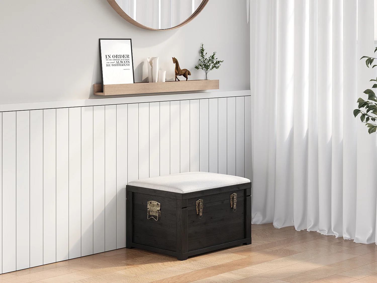 Banc coffre avec coussin en lin - L. 80 x P. 40 x H. 53 cm - Noir et beige - TURZA