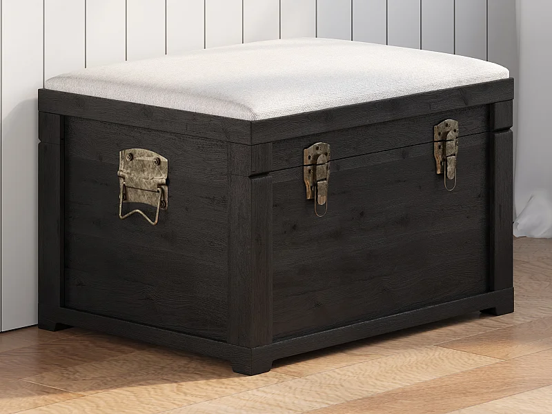 Banc coffre avec coussin en lin - L. 80 x P. 40 x H. 53 cm - Noir et beige - TURZA