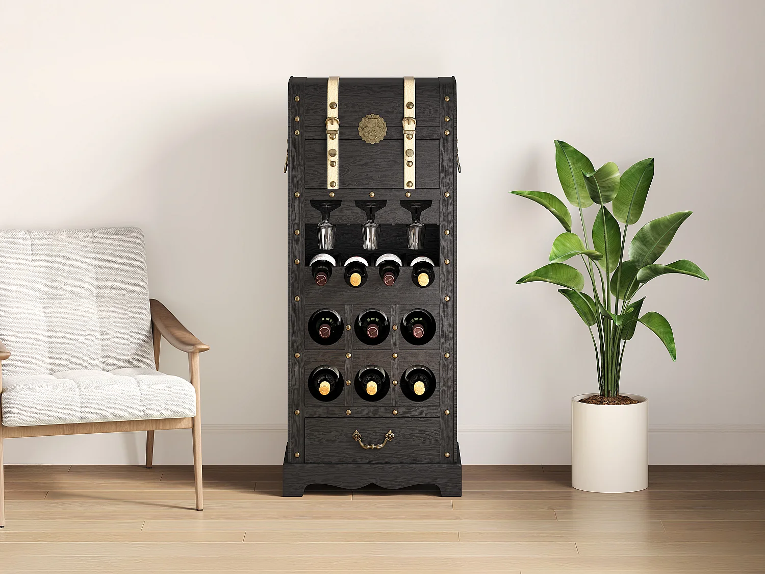 Range bouteilles avec coffre en bois de sapin et MDF - L.43 x H.100 cm - Noir - CAVINA