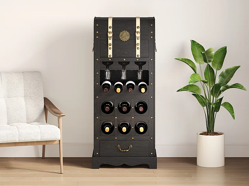 Range bouteilles avec coffre en bois de sapin et MDF - L.43 x H.100 cm - Noir - CAVINA