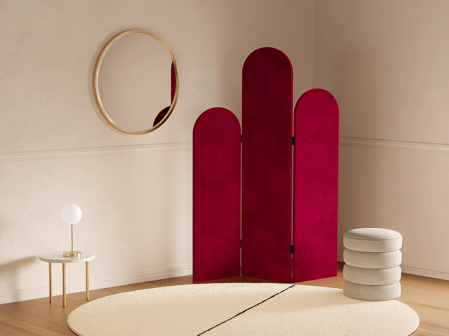 Biombo asimétrico 3 paneles de terciopelo - An. 120 x Alt. 180 cm - Rojo - CARMIDA